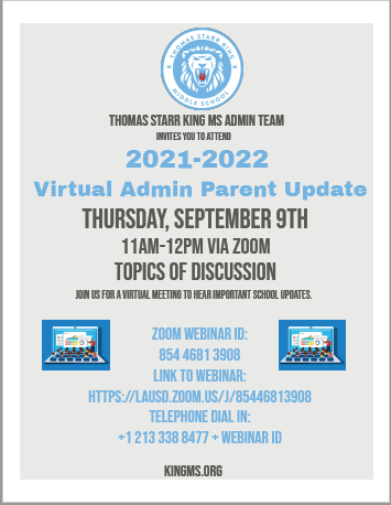 TSKingMagnetLA's tweet photo. Parents/guardians please join us: King MS Virtual Admin Update on Thursday, 09/09 at 11 am. Padres/tutores por favor únase a nuestro próximo Foro Comunitario Virtual de King: jueves, 9 de septiembre, 11 am. @Jackie4LAkids @GPLFCoS https://t.co/XBIoOrzlKN