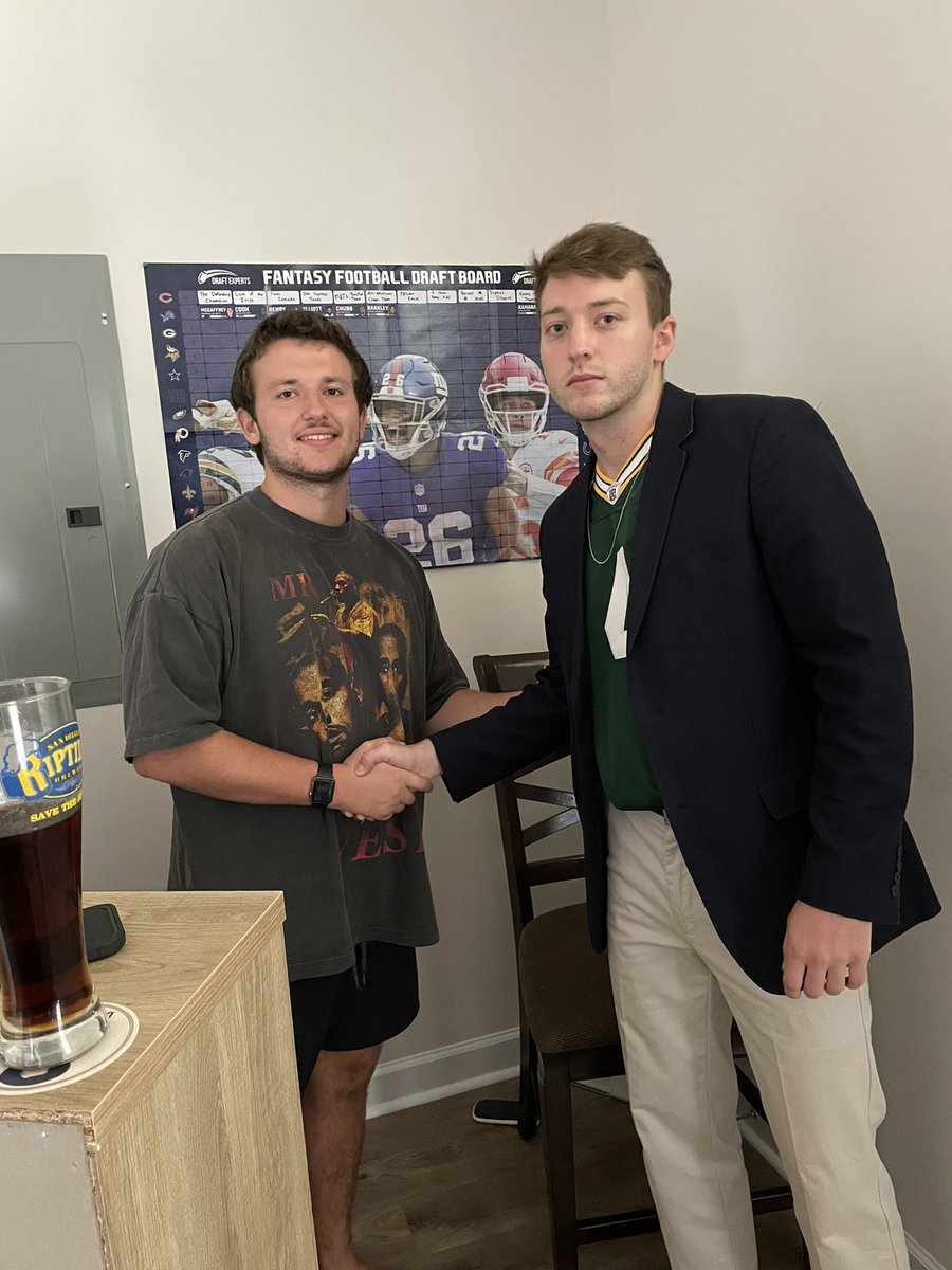 OfficialGCFFL's tweet photo. Team Pecan Sack takes Aaron Jones with the 8th overall pick. Here is owner Ted Shipley confirming the deal. https://t.co/ou2weHtzaw