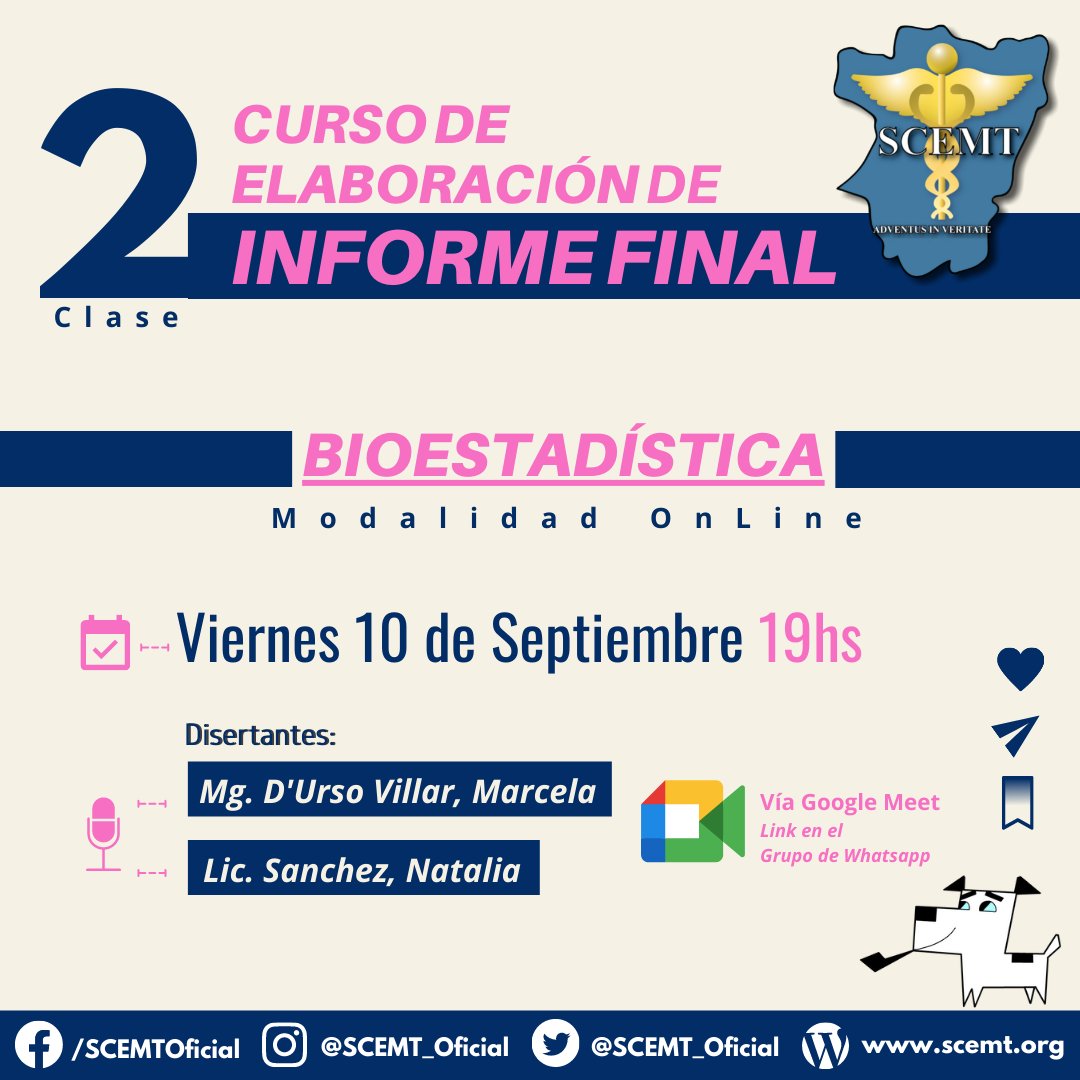 Scemt_Oficial's tweet photo. 🤩▶️ CURSO DE ELABORACIÓN DE INFORME CIENTÍFICO FINAL◀️
⚙️ Clase Nro 2: BIOESTADÍSTICA.
📅 VIERNES 10 de Septiembre.
⏰ 19hs.
🎙 Disertan: Mg. Marcela D'Urso Villar y Lic. Natalia Sánchez
💻 Vía Google Meet. El link se comunicará por WhatsApp.
#SCEMT #JóvenesInvestigadores https://t.co/teVN8vElUy
