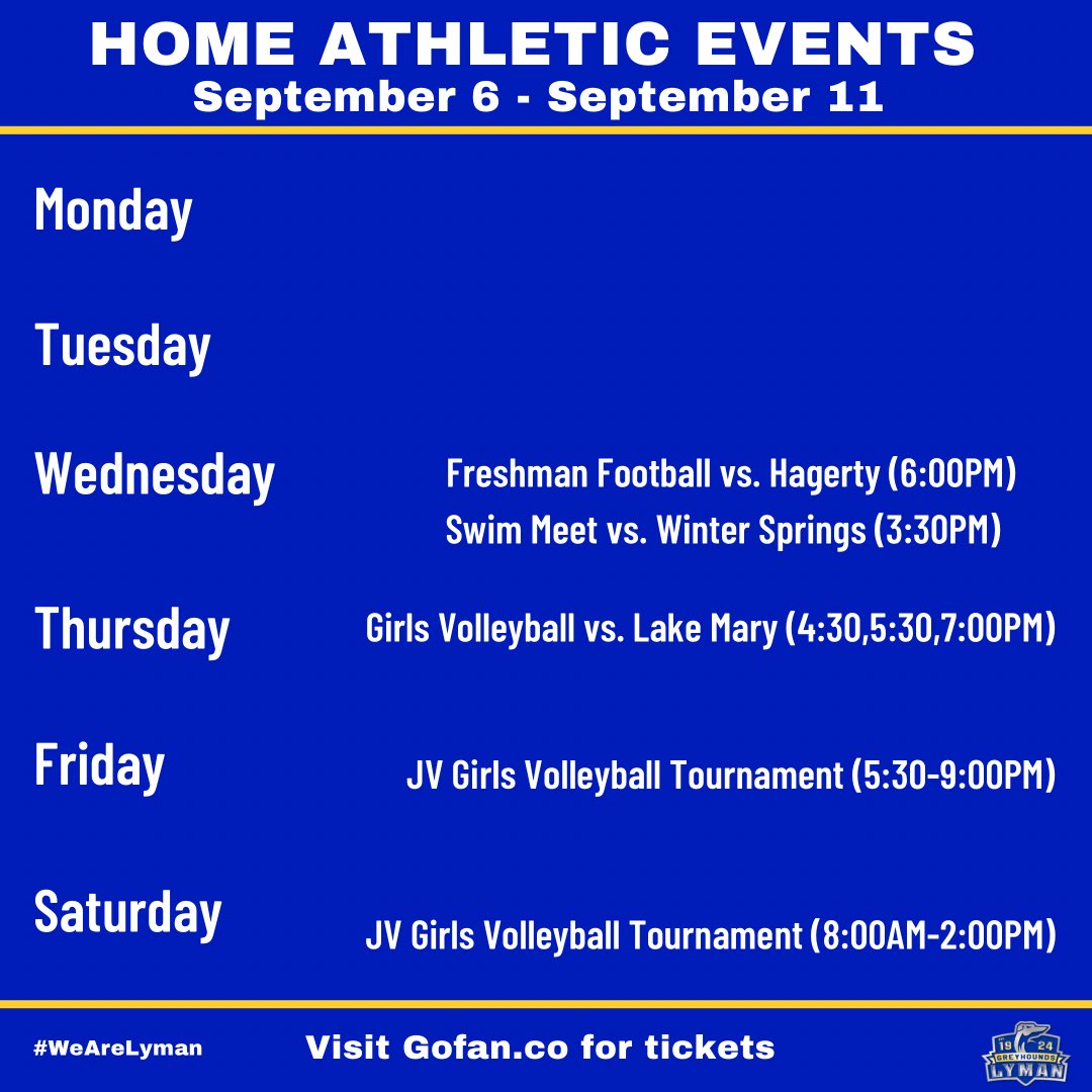 Lyman_Athletics's tweet photo. Greyhound Nation, here are the events for the week! @LymanFootball24 @LHSCheer12 @ladygreyhoundvb @huntermjmich @LymanHighSchool #WeAreLyman https://t.co/w6pbaxpepY