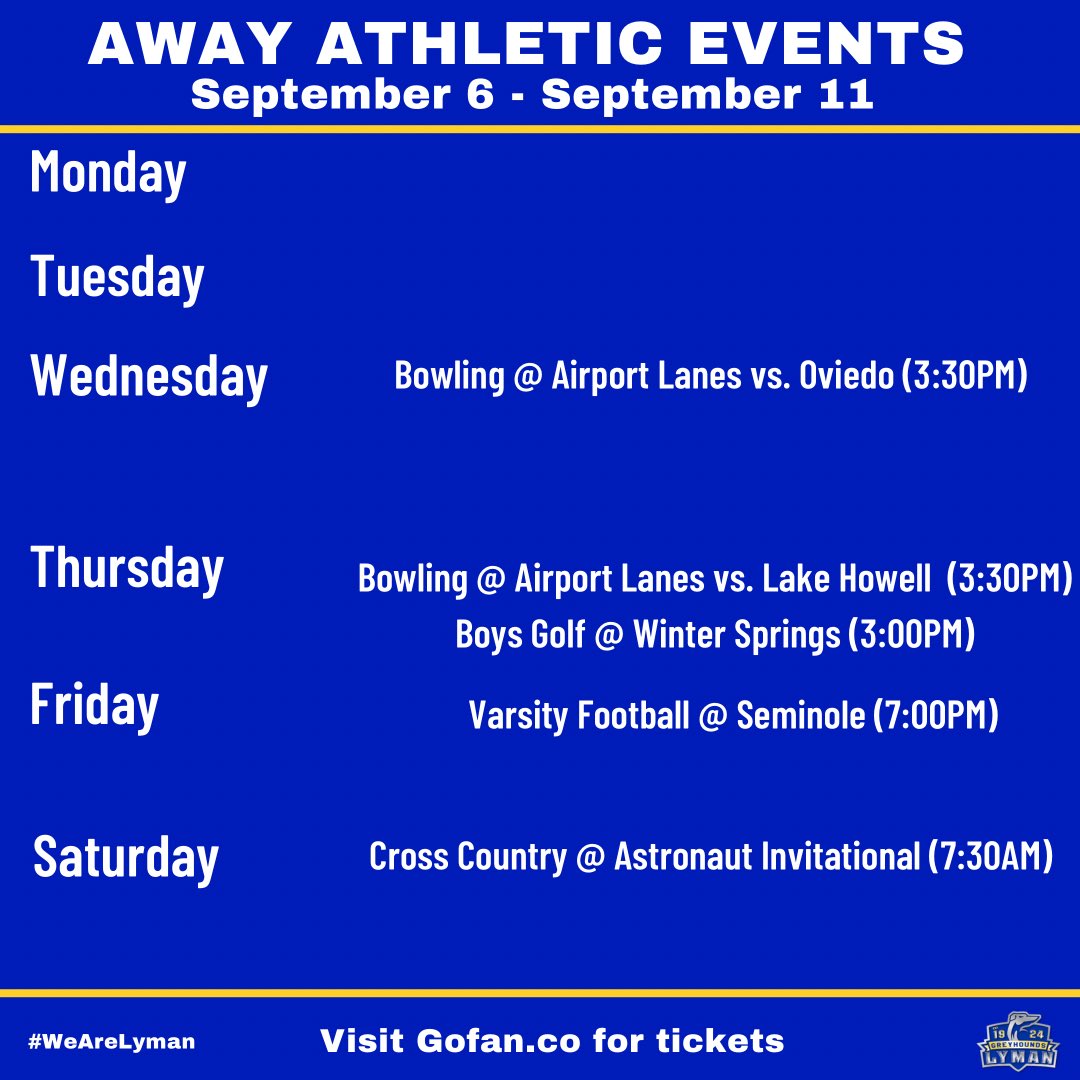 Lyman_Athletics's tweet photo. Greyhound Nation, here are the events for the week! @LymanFootball24 @LHSCheer12 @ladygreyhoundvb @huntermjmich @LymanHighSchool #WeAreLyman https://t.co/w6pbaxpepY