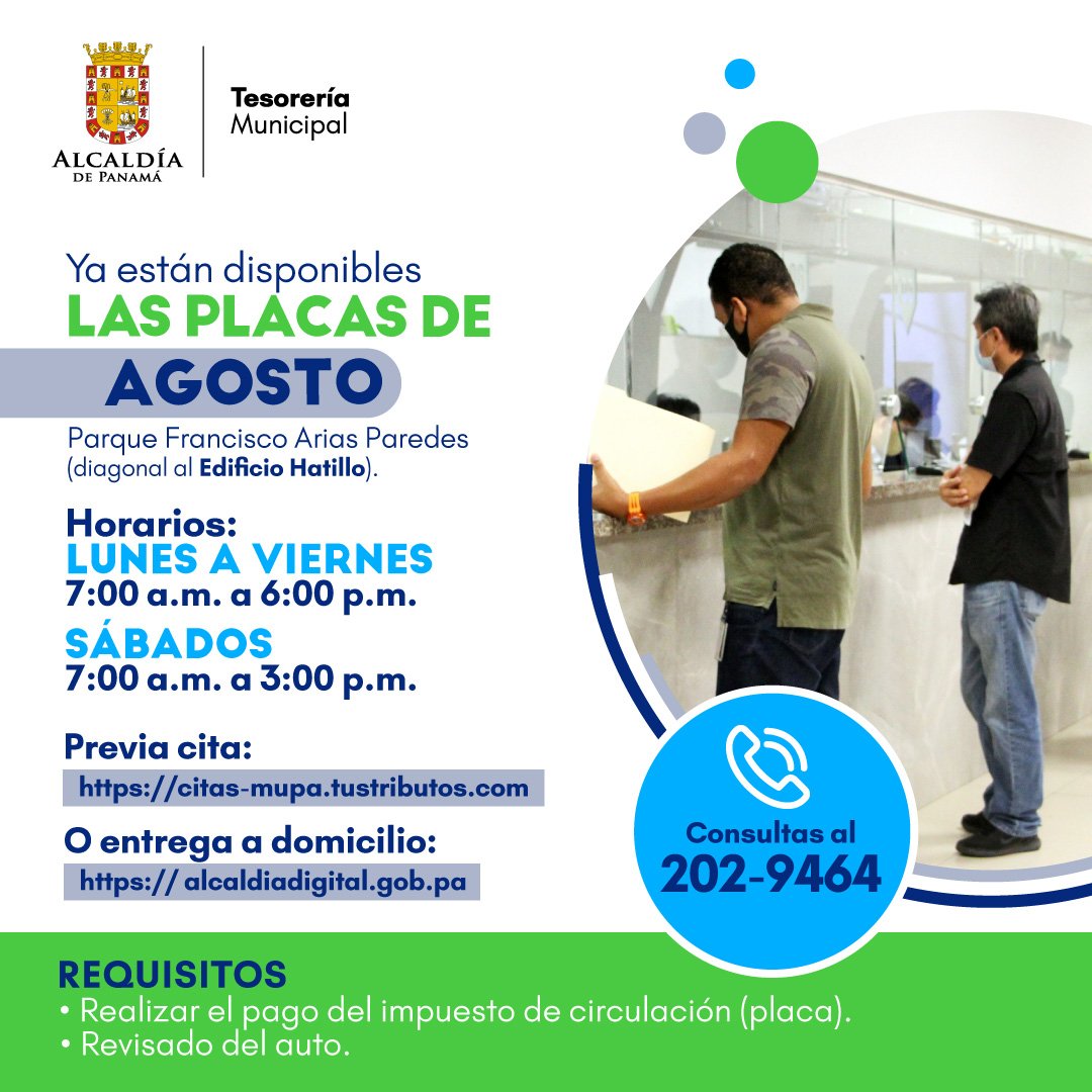 Panamaalcaldia's tweet photo. 📌 Señor contribuyente, le anunciamos que ya puede agendar su cita para retirar las placas de “AGOSTO 2021” a través de la página web o llamando al teléfono 202-9464.
Entregas:
🔸 Previa cita
🔸 Domicilio
#TodosUnidosPorPanamá #TesoreríaMupa #MupaContigo https://t.co/0aXAAIpL0g