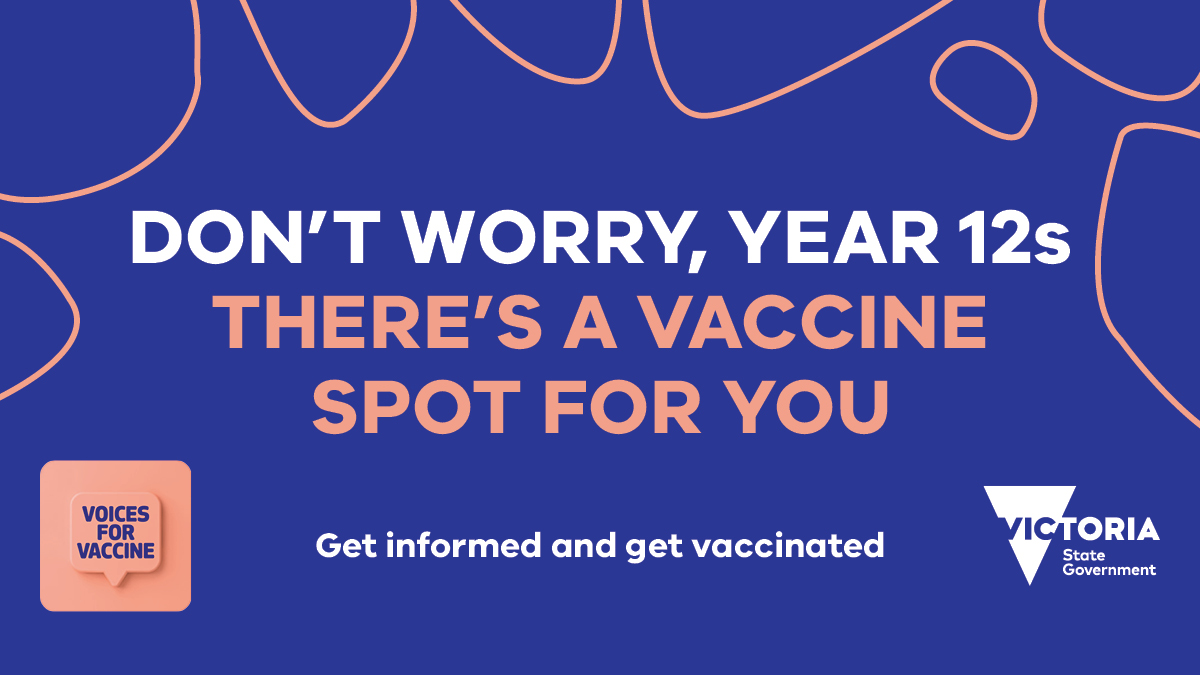 Priority #COVIDVaccine bookings have been extended until 19 September for Year 12 VCE, VCAL and IB students, their teachers and exam supervisors and assessors to help support safe end-of-year exams. 
Students can receive advice on how to book through their schools.