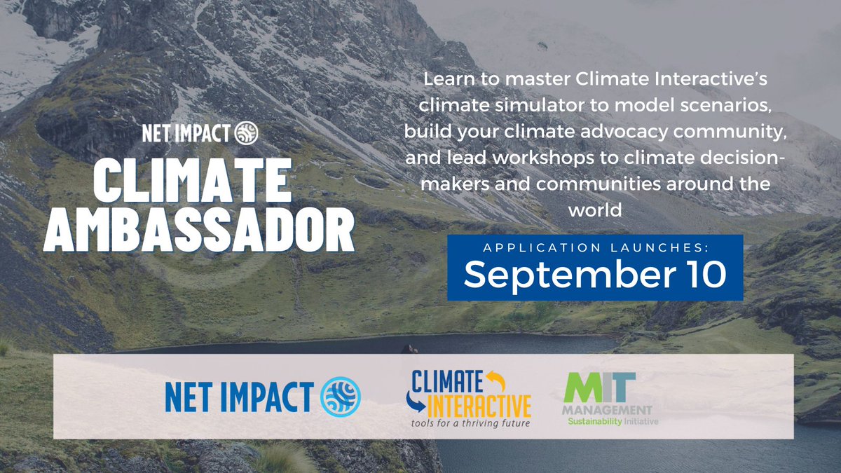 netimpact's tweet image. The time for climate action is now. But where to begin?

The #EnROADS Climate Ambassador Training with Net Impact is launching this fall! Learn the highest-leverage solutions with @climateinteract and @MITSloanSusty! 

Application launches September 10th: netimpact.org/net-impact-cli…