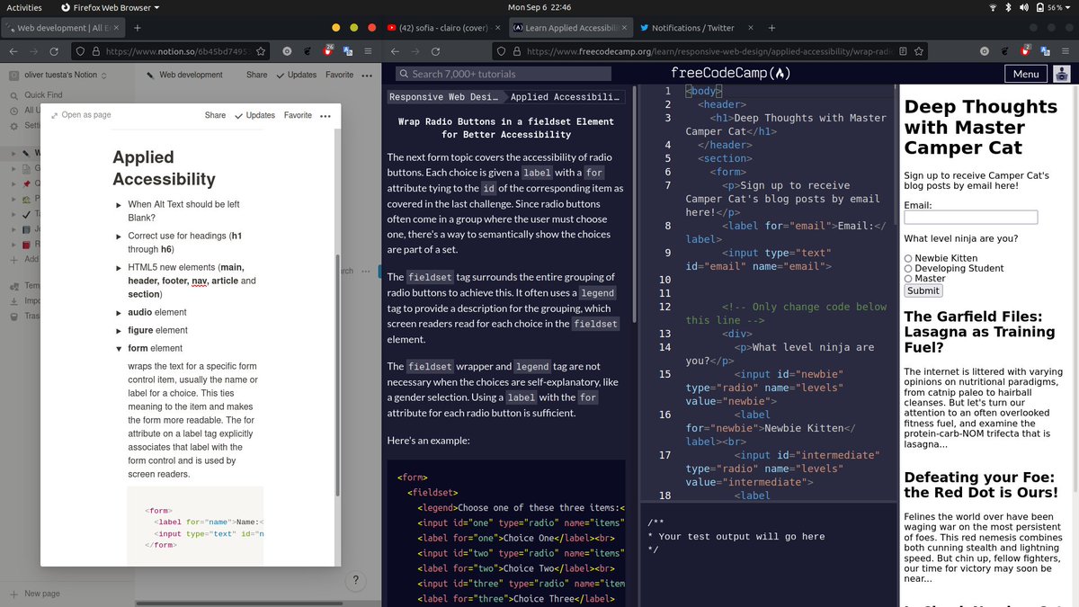 spigizzz's tweet image. Day 14 in #100DaysOfCode
Today I continued learning "Applied accessibility" in HTML5. Also, I've finished to setting up my ubuntu desktop