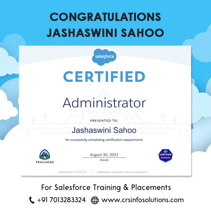 Anandtechie1102's tweet image. Hearty Congratulations to our student Jashaswini Sahoo. All the very best to future endeavours. For Salesforce training and certification preparation,please enroll in our free demo class.

Phone: +91-7013283324
Website: crsinfosolutions.com
#crsinfosolutions #saleforcetraining