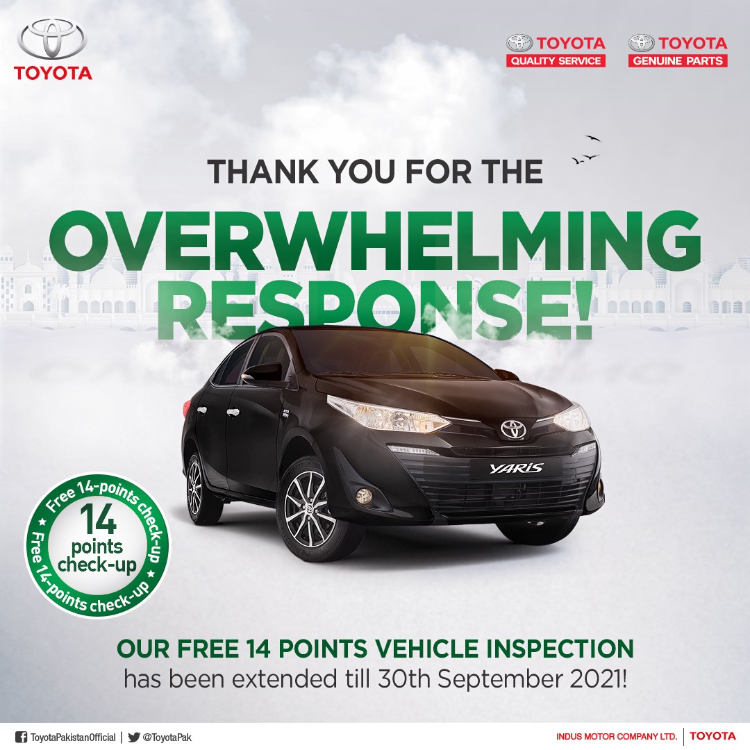 ToyotaAirportM's tweet image. Great news! Due to your overwhelming response, we have extended our Azadi offer till 30th September 2021!
Don&apos;t miss this chance to avail the FREE 14 points vehicle inspection. 
Visit Toyota Airport Motors today!
Call: 0348 111 8880
#AzadiOffer #ToyotaPakistan