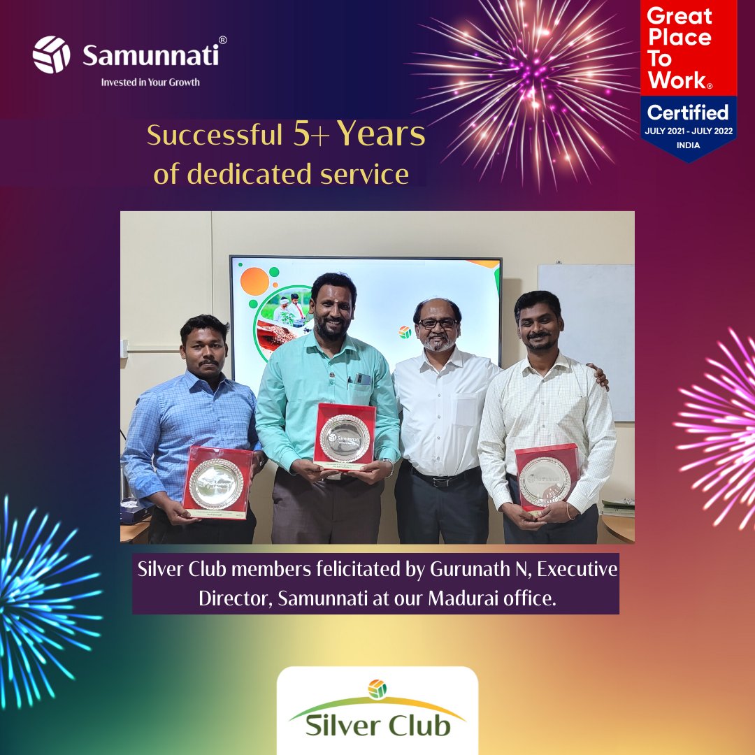samunnati's tweet photo. #MeetOurFamily | The #SilverClub celebrates all those who have successfully dedicated 5+ years of service to the organisation. We are so proud to have you as part of the #Samunnatifamily. 

#Samunnati #InvestedinYourGrowth #LifeatSamunnati  #employeeappreciation #gptwcertified https://t.co/D8N43gADwd