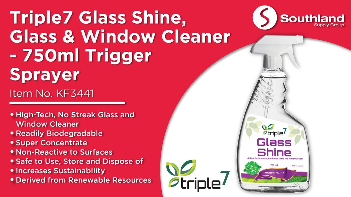Triple7 Glass Shine is a high-performance cleaning solution that leaves surfaces clean and polished without using toxic chemicals. Get yours now while stock lasts! bit.ly/3DQHsdD

#southland #southlandsupplygroup #triple7 #cleaningsolution #cleaningagent #sitesafety