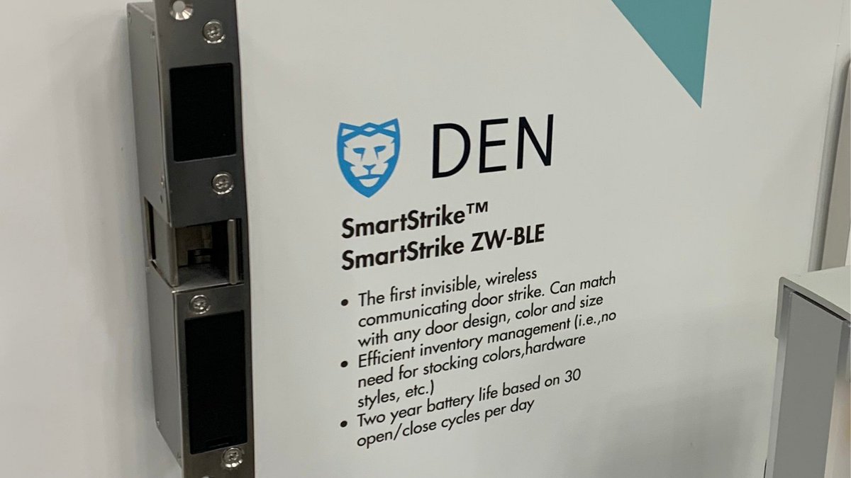 ResTechToday's tweet photo. #CEDIAExpo2021 Recap: Seen at @CEDIAExpo 2021 in the @ZWave_Alliance booth, the DEN SmartStrike is an electric strike plate designed to be installed into your doorframe invisibly which ensures that it is completely undetectable to passersby. #newtechnology #cedia #trends #ResTech https://t.co/7makTqs7gN