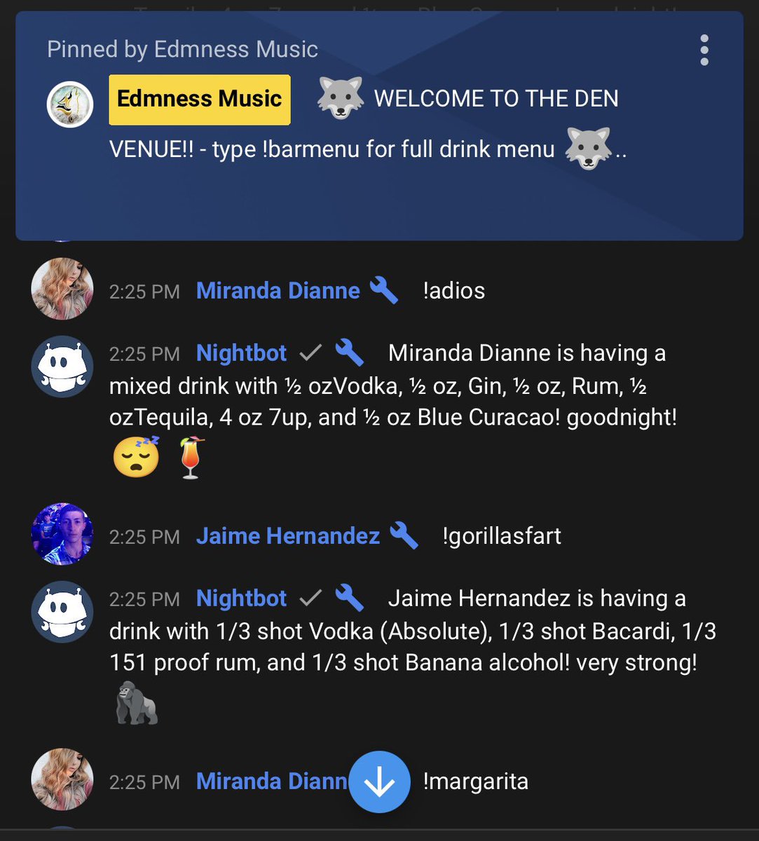Edmness's tweet photo. We hired our Nightbot!! 🤖 Order your free drinks at The Den Venue - use the !barmenu command for our full menu items.. 🐺🍹
https://t.co/a9Ud1be31m
🎶
#edmness #music #house #trap #phonk #freedrinks #nightbot #livestreams https://t.co/O6YYWhqu5F