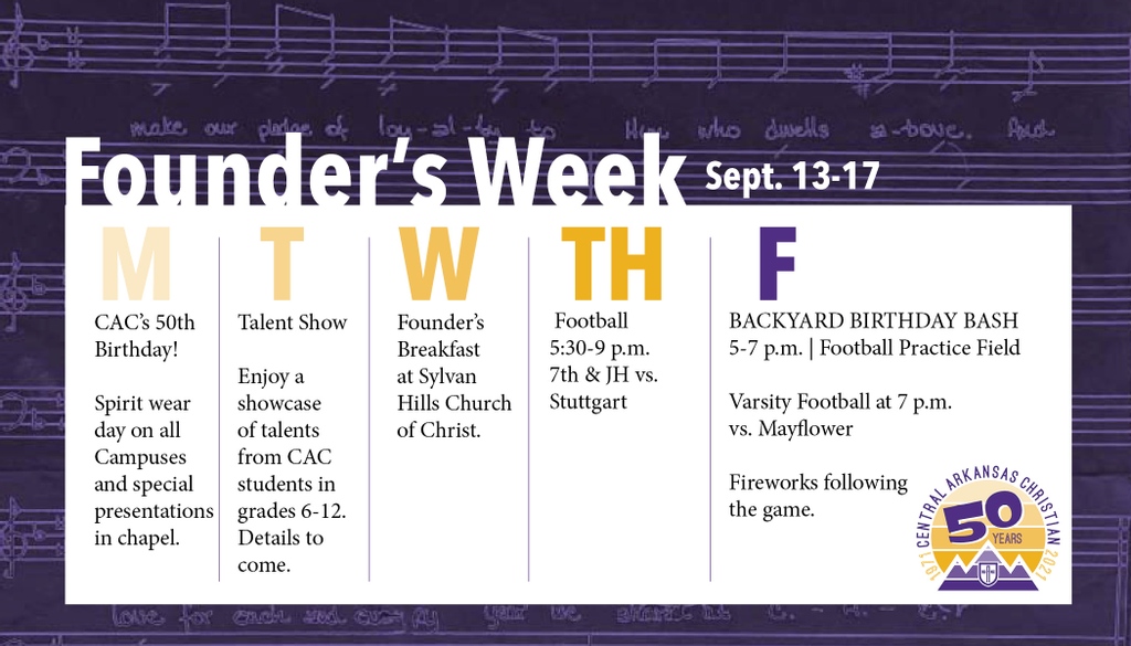 For Founder's Week Sept. 13-17, we will spend the week celebrating CAC's 50th birthday &amp; honoring the visionaries who made the dream of this school a reality. Check out the schedule of events, &amp; come celebrate with us! cacmustangs.org/50 #CAC50
