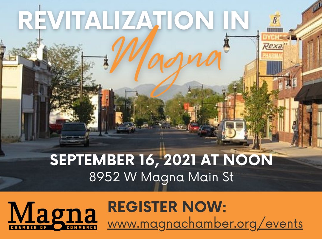 MagnaChamber's tweet image. We are excited for the return of our monthly educational lunch events. 
Our September 2021 luncheon will be on the Revitalization in Magna.
Members can register now for $15.
magnachamber.org/product/chambe…
#MagnaUtah #MagnetizingMagna
#MagnaChamber