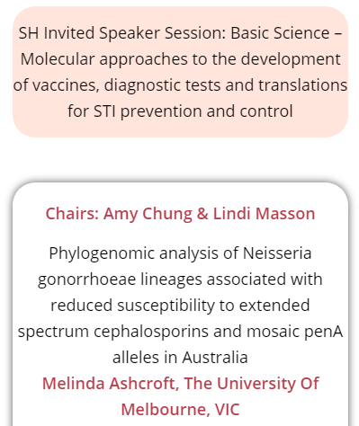 Check out my live talk at the @ASHMMedia conference today in the 11:30-1pm AEST Invited Speaker: Basic Science session on #gonorrhoea lineages associated with reduced susceptibility to #cephalosporins globally and in #Australia. #HIVAIDS2021 #SH2021