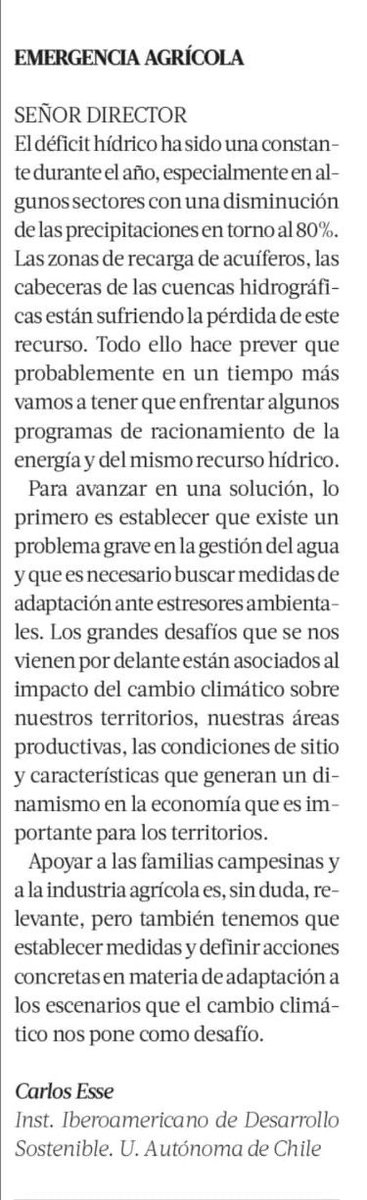 OPINIÓN 🗞️ "... tenemos que establecer medidas y definir acciones concretas en materia de adaptación a los escensarios que el #cambioclimático nos pone como desafío", dice <a href="/KarlosEsse/">Karlos</a>, coordinador de #IIDS, en <a href="/latercera/">La Tercera</a>