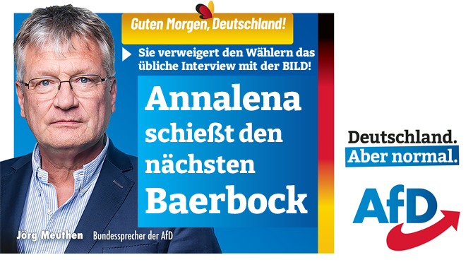 Joerg_Meuthen's tweet photo. Guten Morgen 🇩🇪!
Annalena schießt den nächsten Baerbock: „Aus Termingründen“ kann sie der BILD am SONNTAG kein Interview geben! Scheut da jemand unangenehme Fragen zum Programm der verbotsfanatischen, hysterischen „Grünen“ &amp; ggf. zum eigenen Masterstudium?
https://t.co/mWCqJI1dX2 https://t.co/ZPe3u6RIoN
