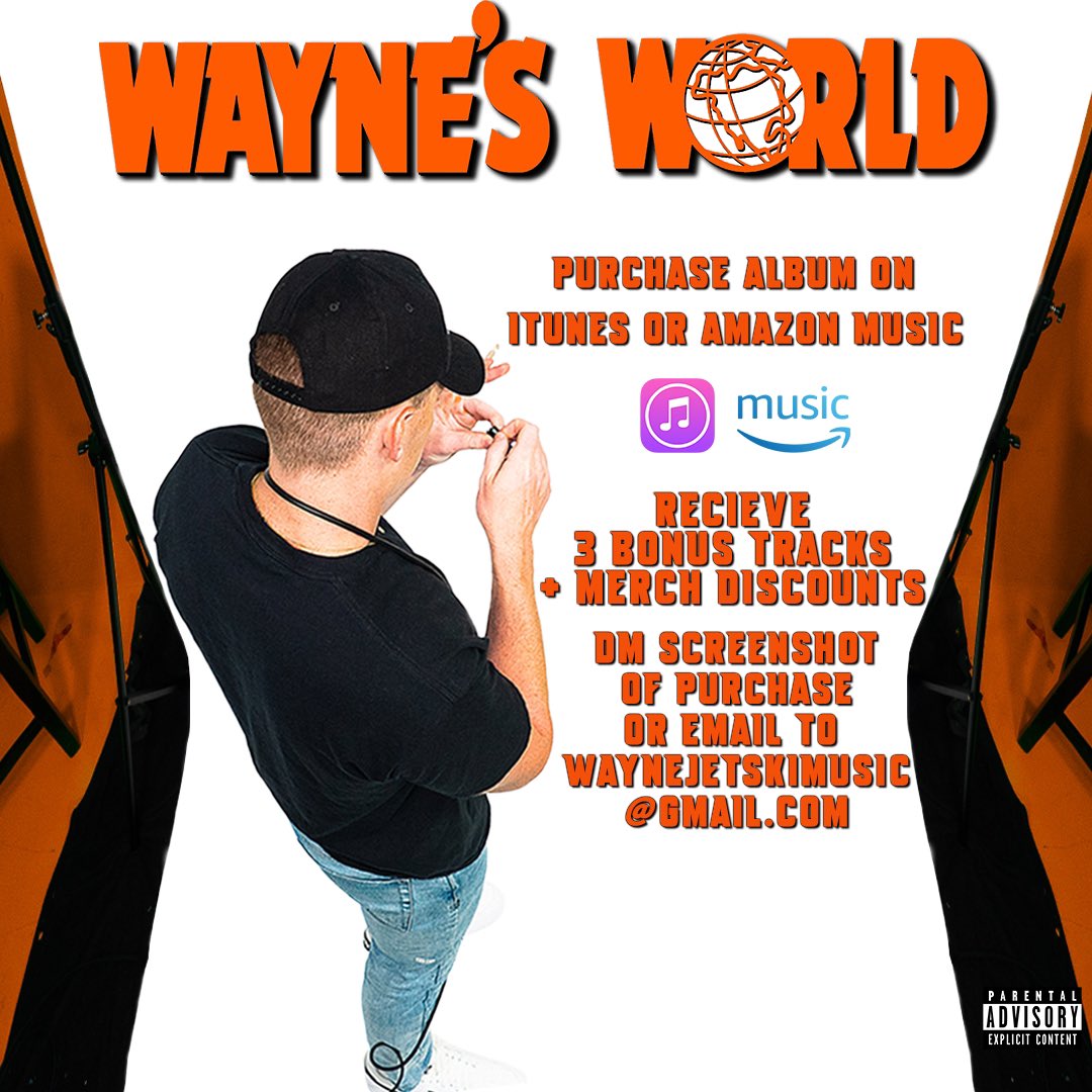 WayneJetskiii's tweet photo. Wayne’s World is here in 2 Days 🌍 

Purchase the album and receive a discount on merch and 3 bonus tracks.

Screenshot the receipt of the purchase. DM or Email to me for discount code and private link to bonus songs.

Merch link will be live 12AM Wednesday w extra designs. https://t.co/2IsHo4Y64W