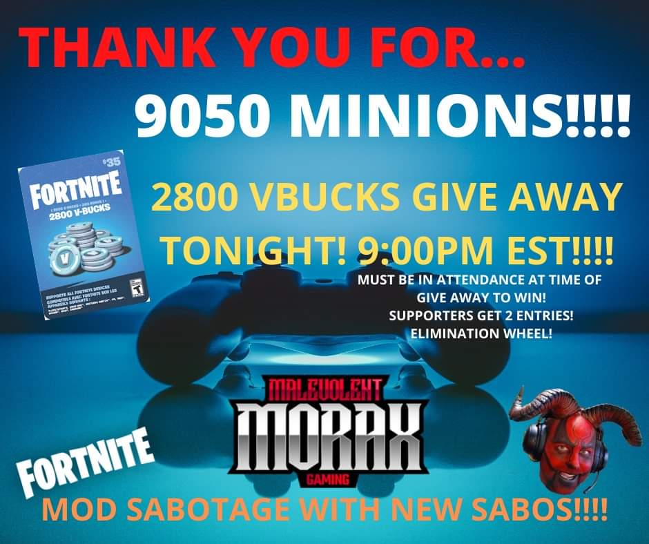 MalevolentMorax's tweet photo. We hit 9050 Followers!!!! Let's go Minions!!!! #Morax #Demon #MinionArmy #Facebook #Giveaway #FacebookGaming https://t.co/d5wJLw6CEJ