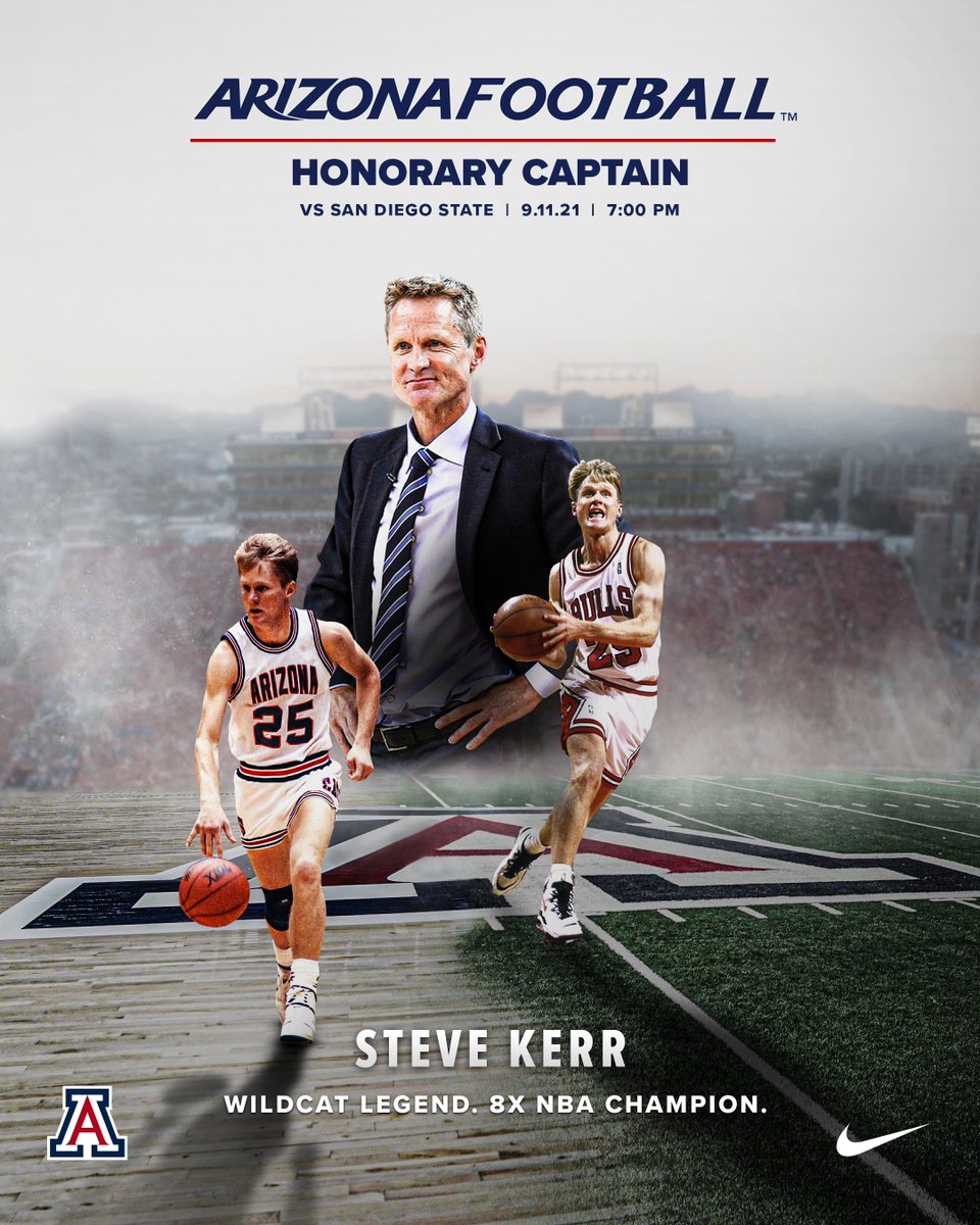 ArizonaFBall's tweet photo. Add Arizona Football Honorary Captain to the list. @SteveKerr will be the first honorary captain of the @CoachJeddFisch era when the Cats take on San Diego State this Saturday at 7:00 PM MST! Be sure to be there! 

#ItsPersonal #BearDown https://t.co/9vdjxJ3Vic