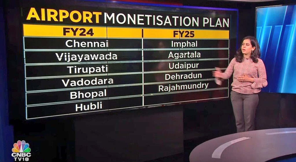 25 #Airports list for #NationalMonetisationPipeline

FY2024 #Chennai #Vijayawada  #Tirupati #Vadodra #Bhopal #Hubli

FY2025 #Imphal #Agratala #Udaipur #Dehradun #Rajamundry

Bidders:#GVK #ZurichAirport #Adani #LT #Navayuga #GMR

@JoshiPralhad
@JM_Scindia
@MoCA_GoI
@aaihbxairport