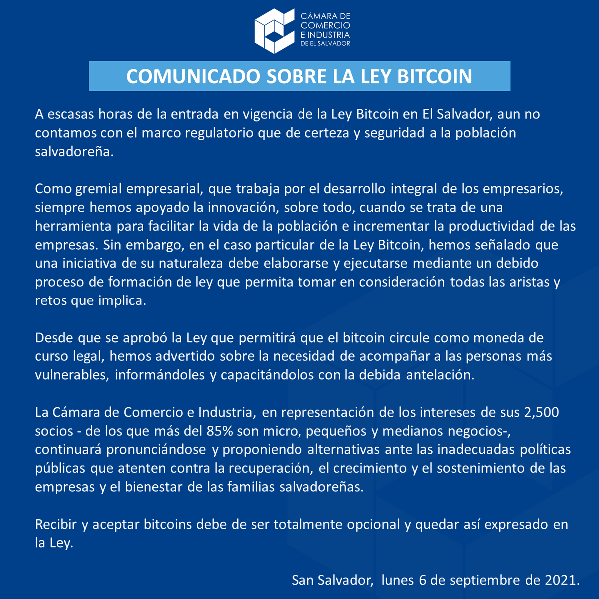 Comunicado | Pronunciamiento de @camarasal ante la entrada en vigencia de  la #LeyBitcoin, que define al activo como moneda de curso legal en  #ElSalvador