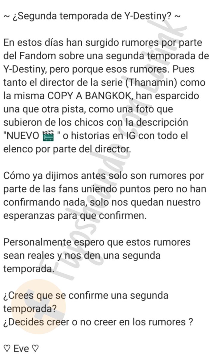 BGmagazine_'s tweet photo. [#RumorHaslt]

~ ¿Segunda temporada de Y-Destiny? ~

♡ Eve ♡

#Fujoshi #Fundashi #YDestiny #secondseason #BL #blseriethai #fangirl #CopyABangkok #Thanamin 

[#FujosheandoConLatink] https://t.co/w1Qd7cPBrV