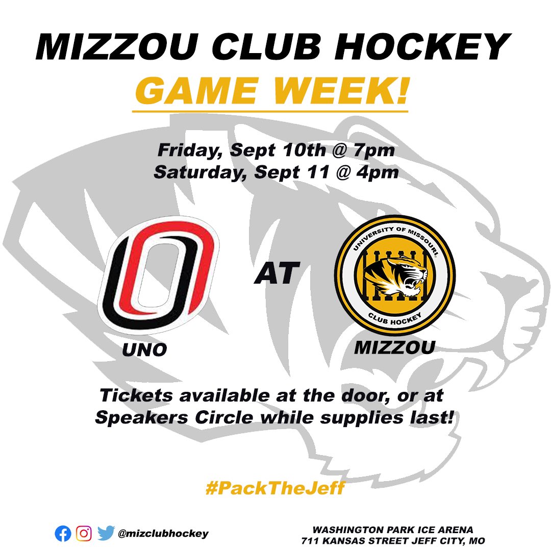 MizClubHockey's tweet photo. It’s finally a game week for the first time in a long time!!!! 

Join us Friday night and Saturday as we host @unoclubhockey 🐯 #PackTheJeff https://t.co/oeOq5KL2fC