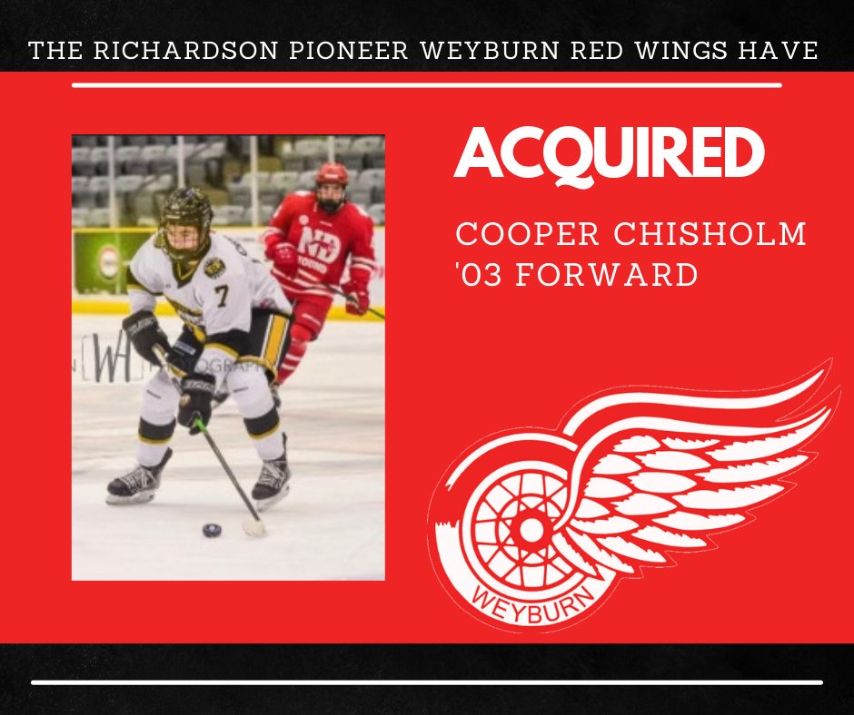 weyburnredwings's tweet photo. We are extremely happy to announce the acquisition of home town player, Cooper Chisholm, from the Grand Prairie Storm! Cooper played his minor hockey in Weyburn before playing three seasons of U18 AAA. Last season he had 6 points in 6 games with the Estevan Bears. https://t.co/6c3uGQ1CKk