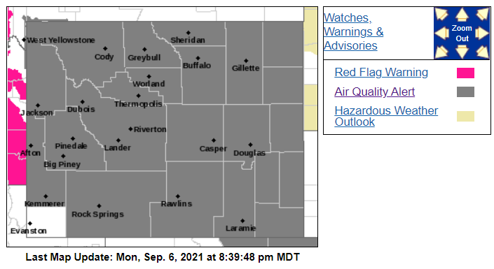 Weather_First's tweet photo. All but ONE county in Wyoming is under an air quality alert for wildfire smoke. @NWSRiverton https://t.co/dNxK08yX6c