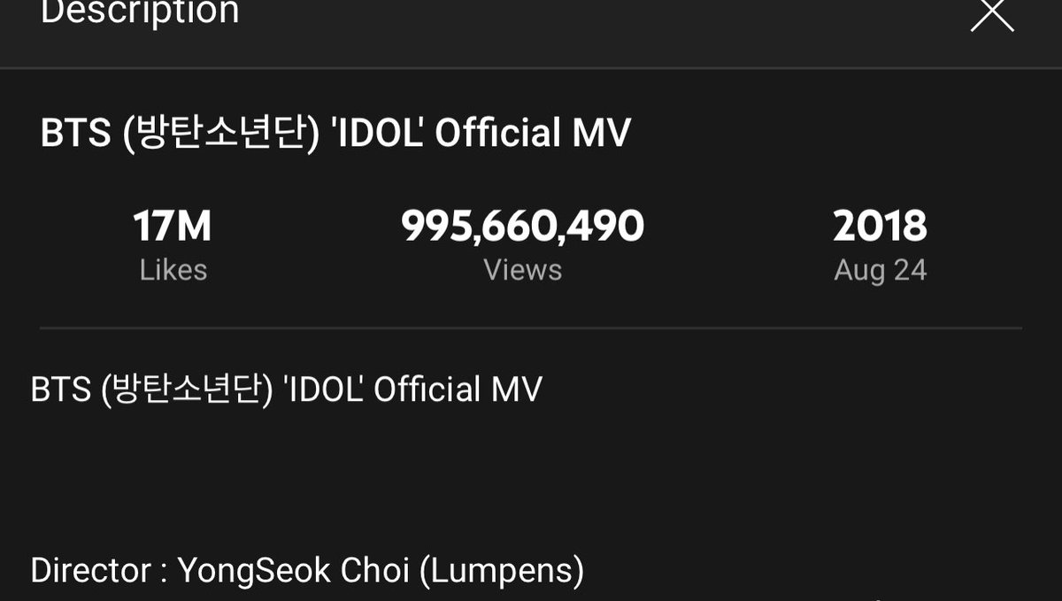 sdlyoongles's tweet photo. Fake Love &amp; Idol están a nada de ser parte del club del billón de @bts_twt ‼️

FL está a menos de un millón, mientras que IDOL está a casi 4 millones 
#FakeLoveTo1B https://t.co/UvkwGnepV3