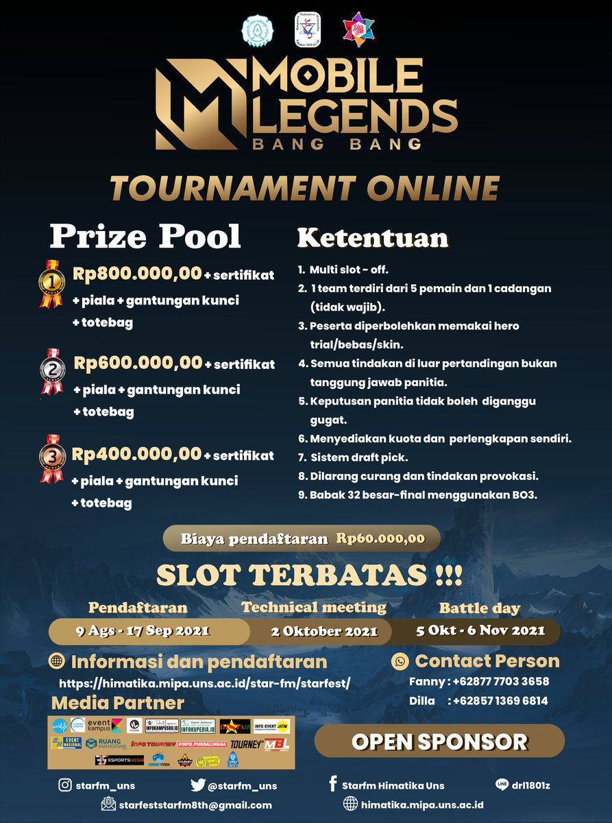 Gudang_Lomba's tweet photo. HIMATIKA FMIPA UNS
Mobile Legends Tournament
Twitter : @starfm_uns
#STARFM8TH #HimatikaUns #UnsSolo #Lomba #Esport #LombaEsport #EsportCompetition #EsportTournament #MobileLegend #SebelasMaret #UNS #STARFM_VOL8 #event #solo #eventsolo #UniversitasSebelasMaret #HIMATIKA #STARFM https://t.co/faZTexO3pF