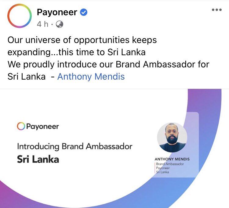 AnthonyTheAshan's tweet photo. A Universe of opportunities,
Honored to be the Payoneer Brand Ambassador for Sri Lanka 🇱🇰
#srilankantoglobe #payoneer #anthonym #anthonymendis #epal #payoneers https://t.co/wVeYO54Uz9