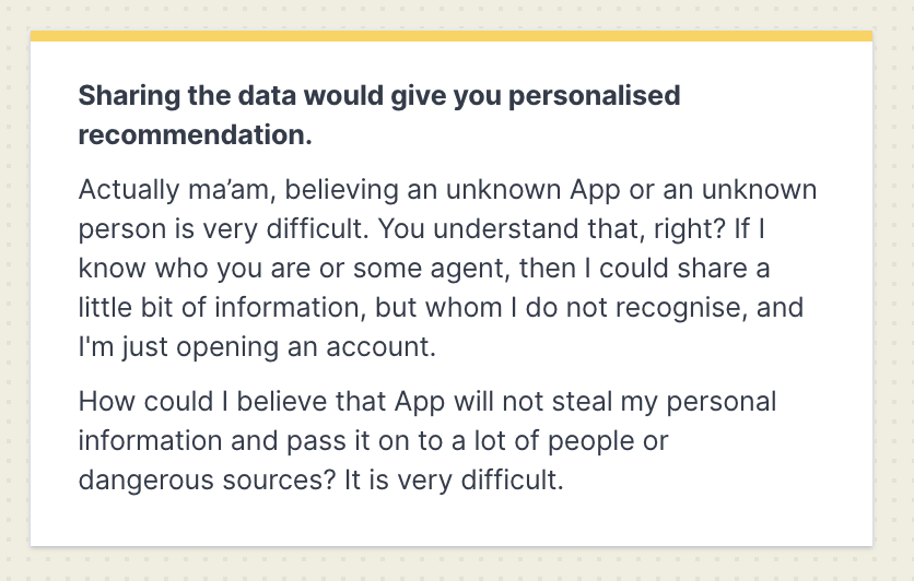 dharmeshba's tweet image. The biggest challenge in building fintech with #accountaggregtors is not the ability to share info but a user's intent to share. 

Snippets from our research on AA. We asked if they would share their bank a/c and F.Ds to get personalized MF recommendations. 

#DesignForIndia