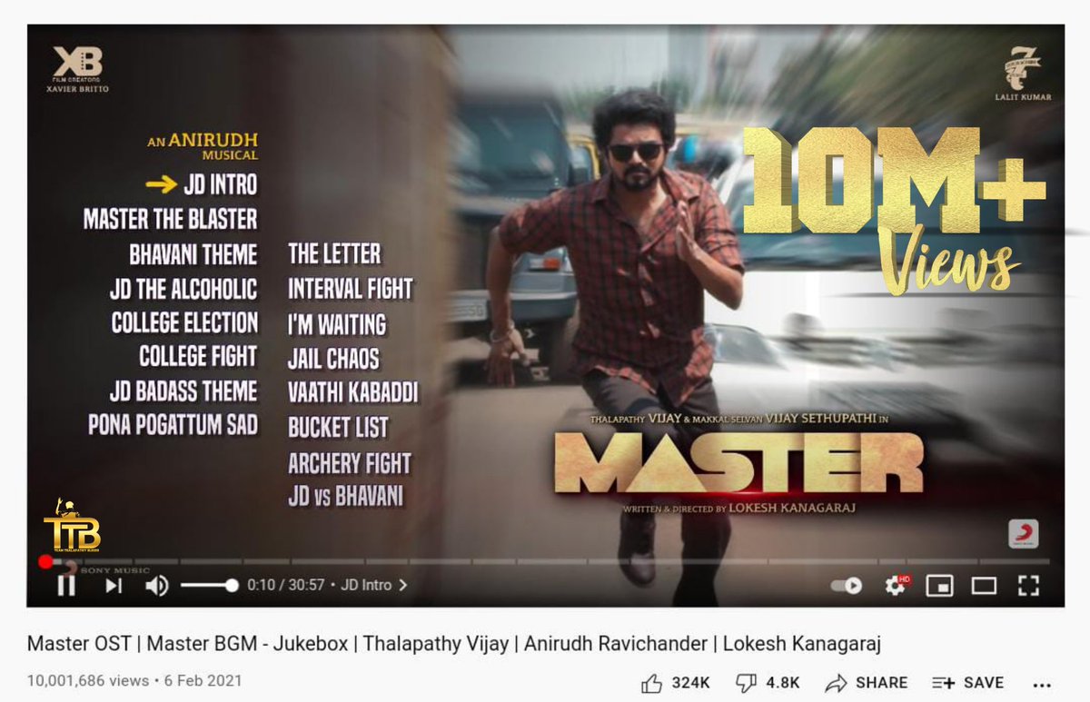 #MasterOST Smashed 10M+ Views In YouTube ! 🥁 First Ever 'Movie OST' In #India To Reach This Milestone 😎

#MasterOSTHits10MViews

#Master #Beast @actorvijay #SpreadVIJAYism  @anirudhofficial @Dir_Lokesh @XBFilmCreators @7screenstudio @Jagadishbliss @SonyMusicSouth