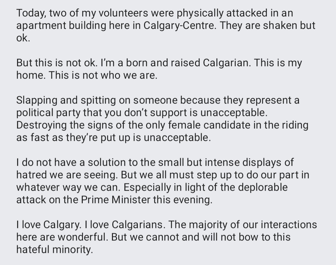 sabrinagrover's tweet image. Today two of my volunteers were physically attacked while doorknocking. Last week my volunteers were harassed. This is not ok. This is never acceptable. We need to do better. #elxn44 #cdnpoli #calgarycentre #yyc @liberal_party