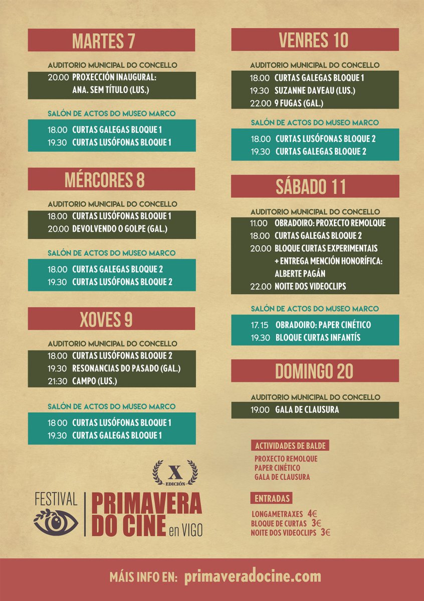Vigo Film Office (@vigofilmoffice) on Twitter photo Arranca hoy en #Vigo el X <a href="/primaveradocine/">Primavera Do Cine</a> con más de 30 producciones.
🎥Proyecciones en el <a href="/MARCOVigo3/">MARCO Vigo</a> y en el auditorio municipal del Concello.
🎥 Entradas: 3 euros para los bloques de cortometrajes y 4 euros para los largometrajes. Arranca hoy en #Vigo el X <a href="/primaveradocine/">Primavera Do Cine</a> con más de 30 producciones.
🎥Proyecciones en el <a href="/MARCOVigo3/">MARCO Vigo</a> y en el auditorio municipal del Concello.
🎥 Entradas: 3 euros para los bloques de cortometrajes y 4 euros para los largometrajes.