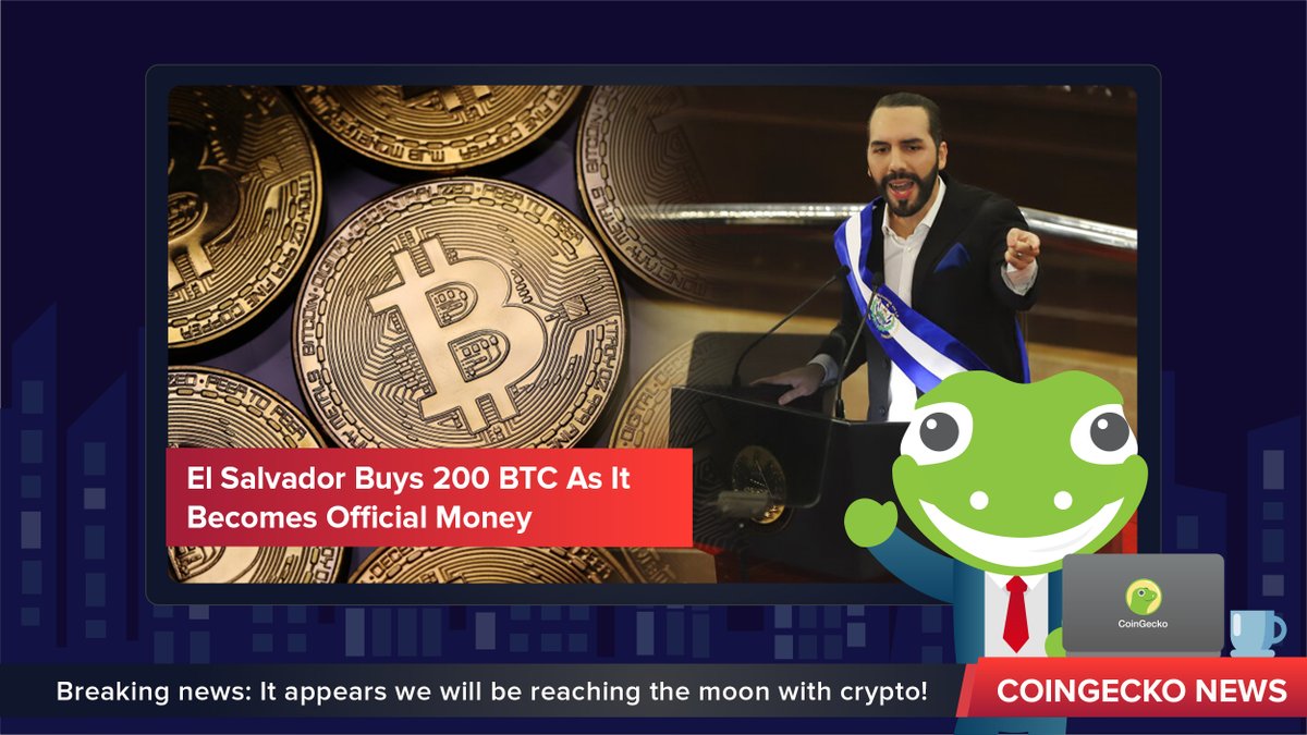 El Salvador’s President, <a href="/nayibbukele/">Nayib Bukele</a>, tweeted that his country has bought 200 $BTC, worth around $10.4M as of writing. The purchase will provide liquidity for businesses, households and individuals in country’s new bitcoin economy.

gcko.io/daily-news
