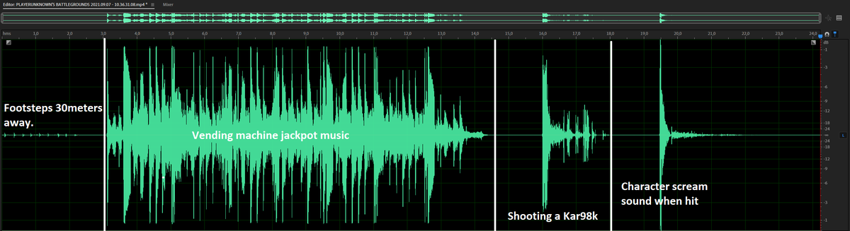 Did a sound loudness comparison of PUBG footsteps (30m) vs:
- Vending machine jackpot (Miramar)
- Firing a Kar98k
- character scream when hit

The difference in footstep sounds vs game audio levels here is insane
Keep in mind footstep sounds can be much lower than those I tested