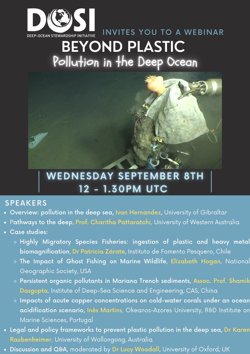 Only 24hrs left to register for tomorrow's webinar on pollution in the #deepsea. We have a fantastic line up of speakers and plenty of time set aside for discussion and Q&amp;A. Suitable for all levels of knowledge. Registration and event details ➡️ dosi-project.org/webinar-series…