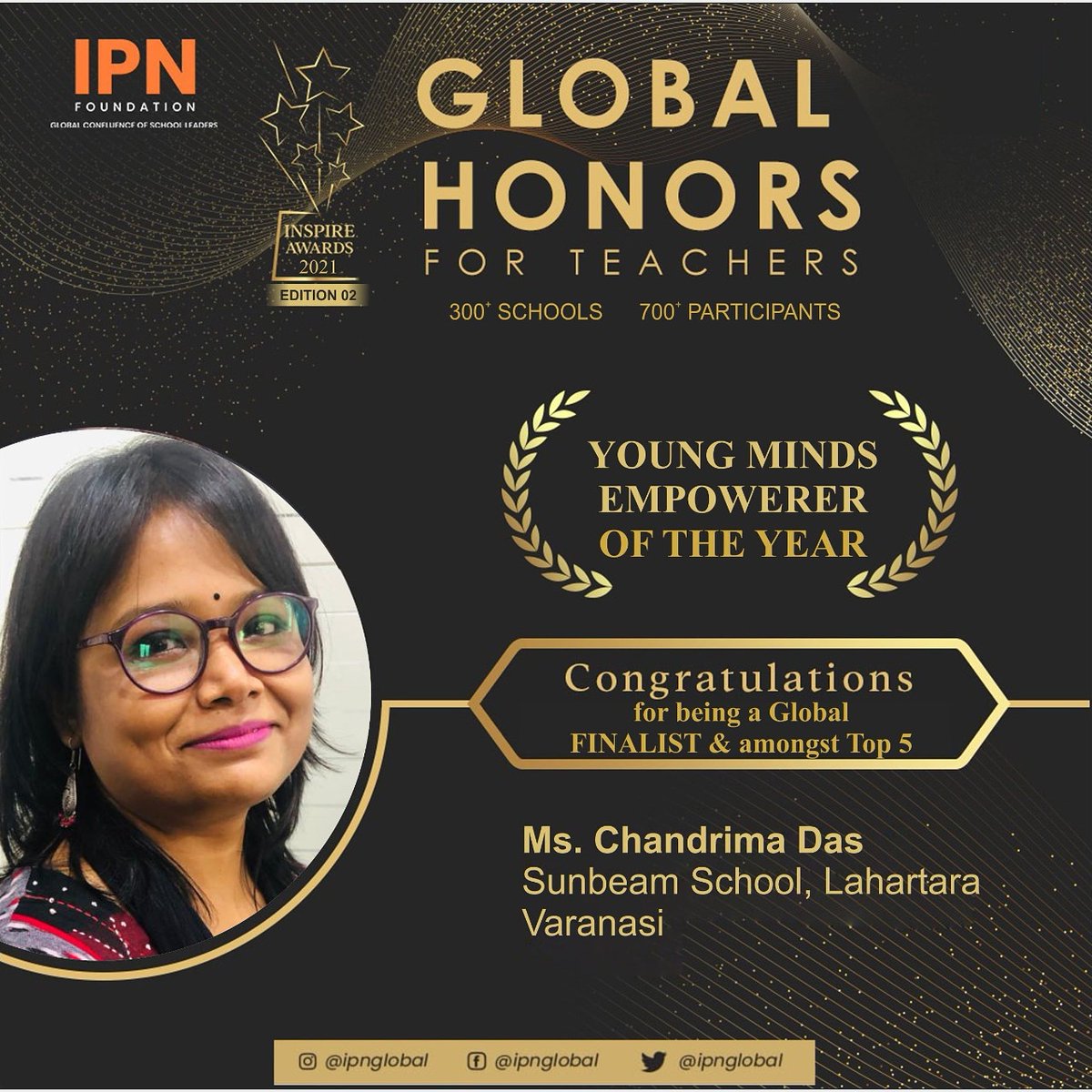 SLahartara's tweet photo. We are So proud of Ms.Chandrima Das for being the Finalist and Amongst TOP 5 of #IPNAwards for the category Young Minds Empowerer..
Congratulations..You make us so proud!
.
.
.
.
.
#SunbeamLahartara
#EduHero
#TeachersOnTheGo #BestSchool #Varanasi #IPN #InspireAwards https://t.co/q0sHqlt8pt
