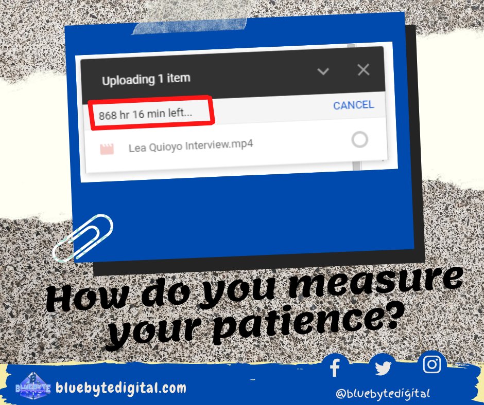 BluebyteDigit's tweet photo. Isa sa susukat ng pasensya ay ang Internet connection. 📡
Imagine maghihintay ka ng over 800 hours para lang maupload ang 133mb na video? 
But it is the other way of testing how long your patience is. 

#internetspeed #slowconnection #slowupload
#socialmediapost #graphicdesigner https://t.co/mw3T8xK5vO