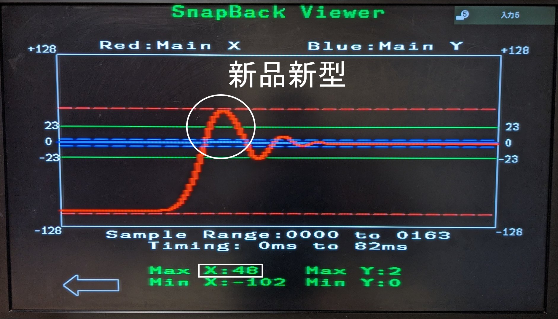 やまぶき Yamabuki 新品のスマブラブラックで検証してみました すべて左に弾いて右に跳ね戻っている値です の真ん中の 線を飛び出している部分と のmax X の値が跳ね戻っている数値です この数値を0にする必要はなく25くらいから跳ね戻りはなくなり