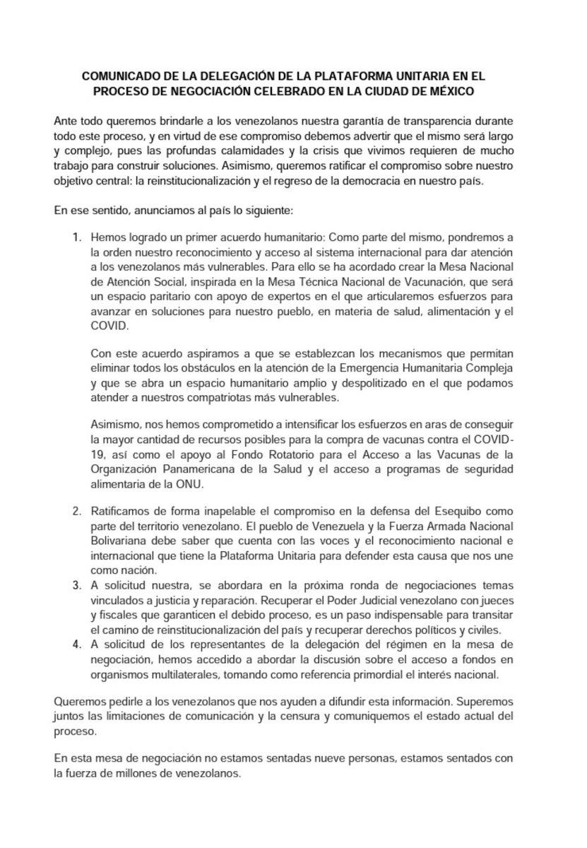 ADemocratica's tweet photo. Desde AD suscribimos comunicado de la Delegación de la Plataforma Unitaria sobre el proceso de negociación en México, donde logramos un primer acuerdo humanitario y ratificamos nuestro compromiso inapelable en la defensa del Esequibo como parte del territorio venezolano. https://t.co/9so0BzDKqI