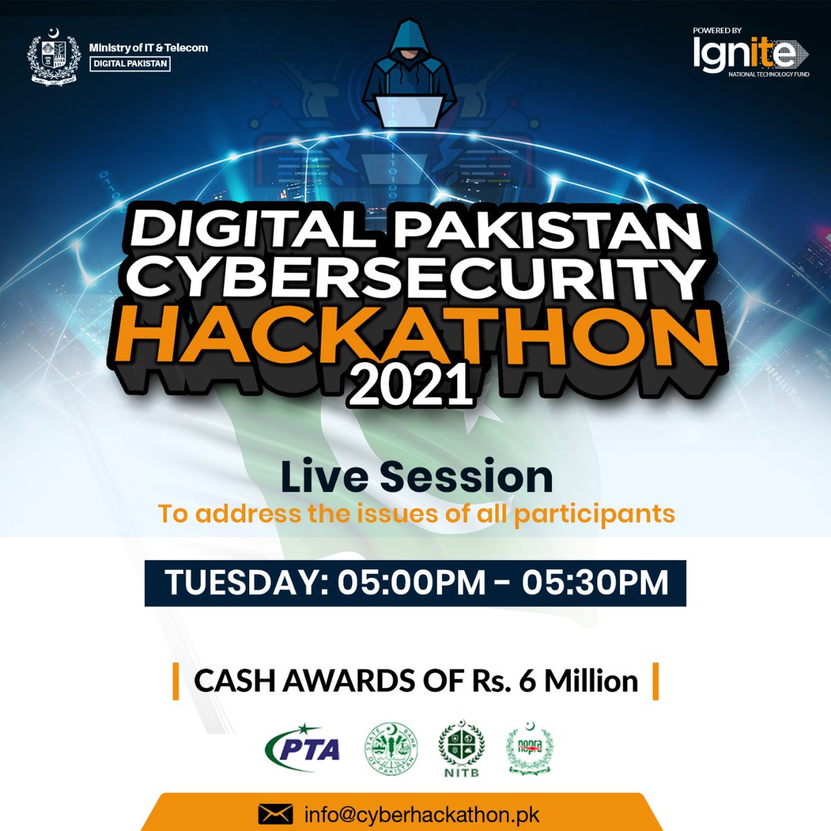IgniteNTF's tweet photo. "Digital Pakistan Cybersecurity Hackathon 2021".
Pakistan's 1st Nationwide Cybersecurity Hackathon.
Join Us Live on Tuesday, September 7, 2021 at 5:00 - 5:30 pm.
Link: https://t.co/jAzSJ0P4gS
#cybersecurityhackathon21 #hackathon #cybersecurity #digitalpakistan https://t.co/8PFZLsQJCD