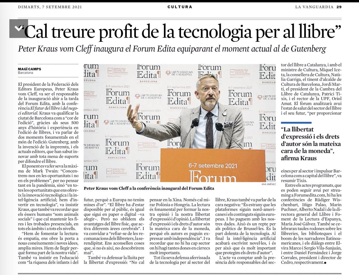 “Hem de fomentar la lectura: és empatia, ens obre la porta a nous coneixements i noves idees, amplia mires. Hem de llegir perquè forma part de la nostra vida”. [l’educació és] “la riquesa dels infants i del futur, perquè a Europa no tenim mines d’or”. <a href="/MagiCamps/">Magí Camps</a> <a href="/LaVanguardiaCAT/">LaVanguardia.cat</a>