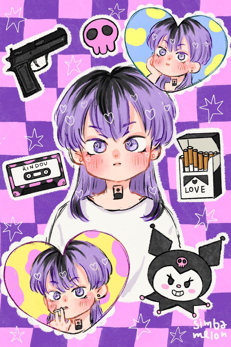 gun weapon 1girl purple hair handgun heart blush  illustration images