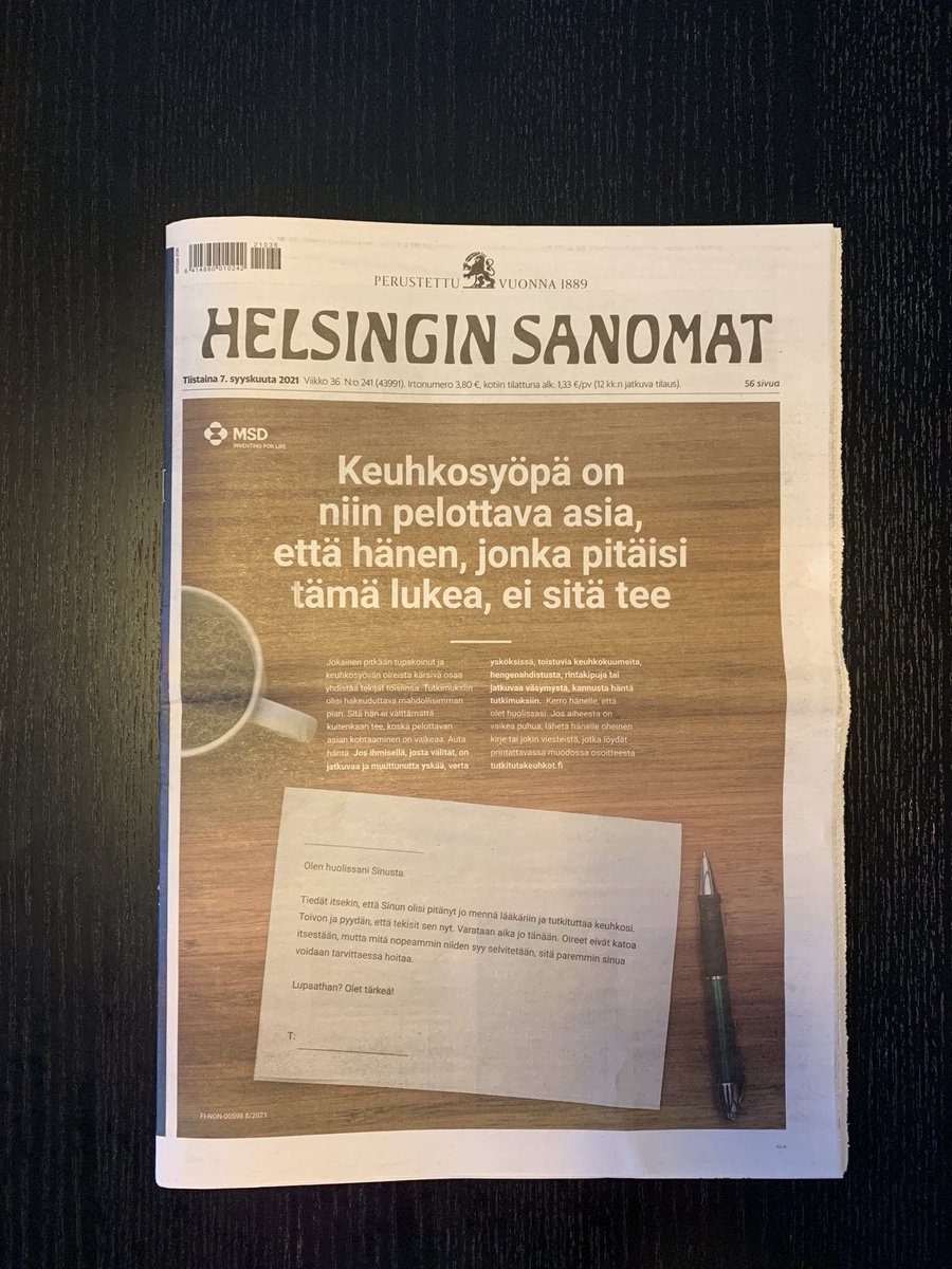Tässä yksi ylpeydenaihe tähän päivään, meidän kampis Hesarin kannessa 🤩 tärkeä aihe, tärkeää työtä. #keuhkosyöpä on yksi tappavimmista syövistä, joten mahdollisista oireista on hyvä kertoa lääkärille pian.

Kiitos <a href="/TiaStalhammar/">Tia Stålhammar</a> hyvästä yhteistyöstä 💎🤩 #InventingForLife