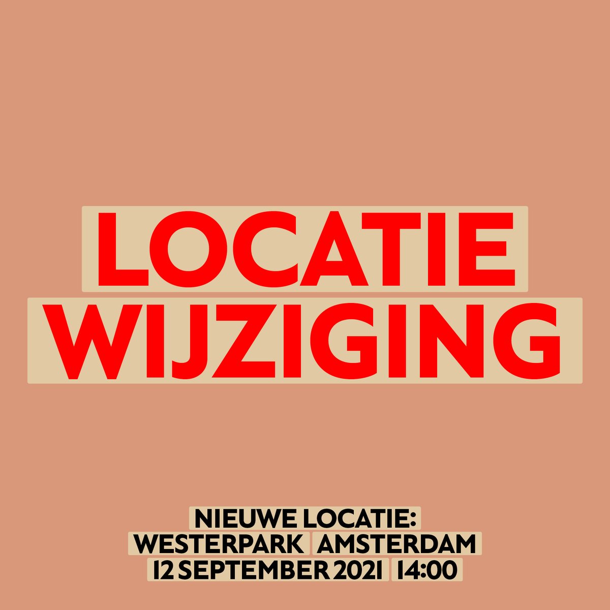 Het WOONPROTEST op 12 september verhuist naar het Westerpark, met een mars terug naar de Dam na afloop van het podiumprogramma. 

Er is in overleg met Gemeente Amsterdam besloten dat de Dam te klein is voor de verwachte opkomst. We zien jullie zondag om 14:00 in het Westerpark!
