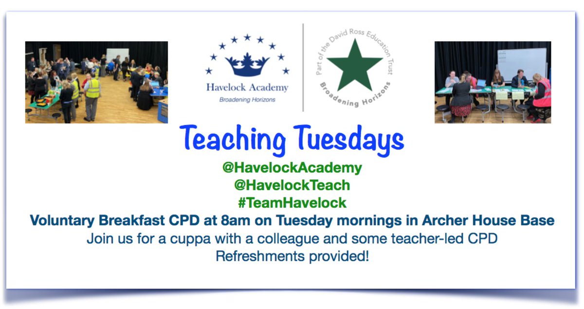 Our voluntary breakfast CPD is back! We have missed our #FantasticFridays but are excited to be launching #TeachingTuesdays today at 8am in Archer House Base! All staff welcome! @HavelockAcademy