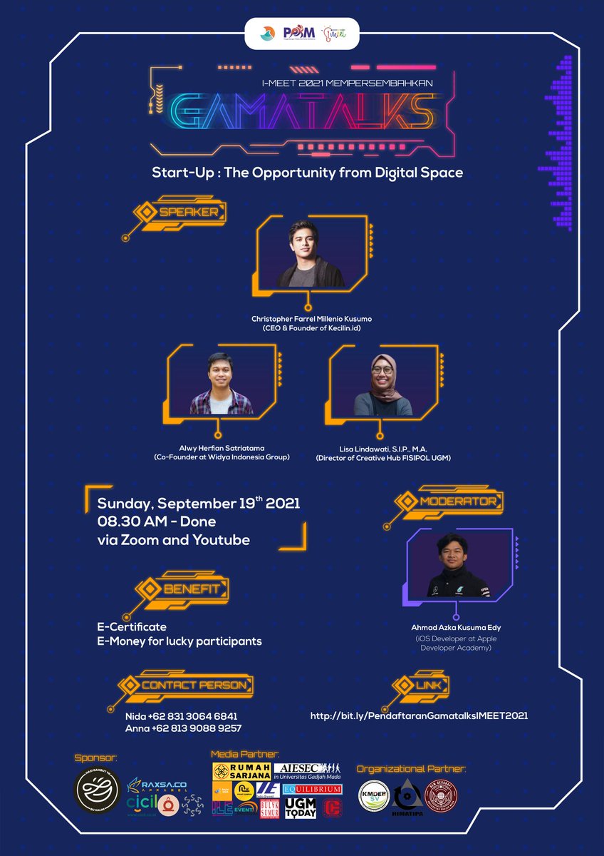 imeetugm's tweet image. [INNOVATOR MEETING 2021 PROUDLY PRESENT]

Hi, Meeters! You are invited to our main event ✨ GAMATALKS “The Opportunity From Digital Space" ✨

In this webinar session, we will talk about the development of start-ups and digital technology.